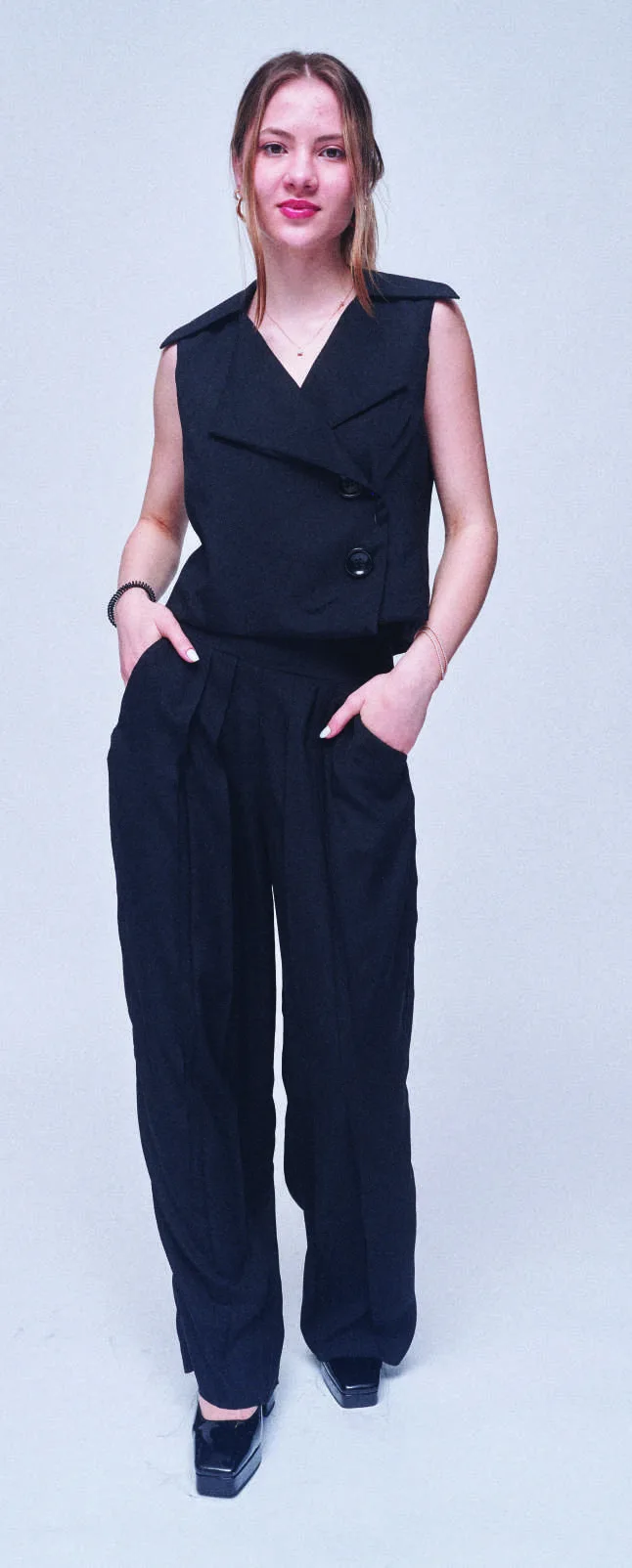 Tailored black sleeveless jumpsuit