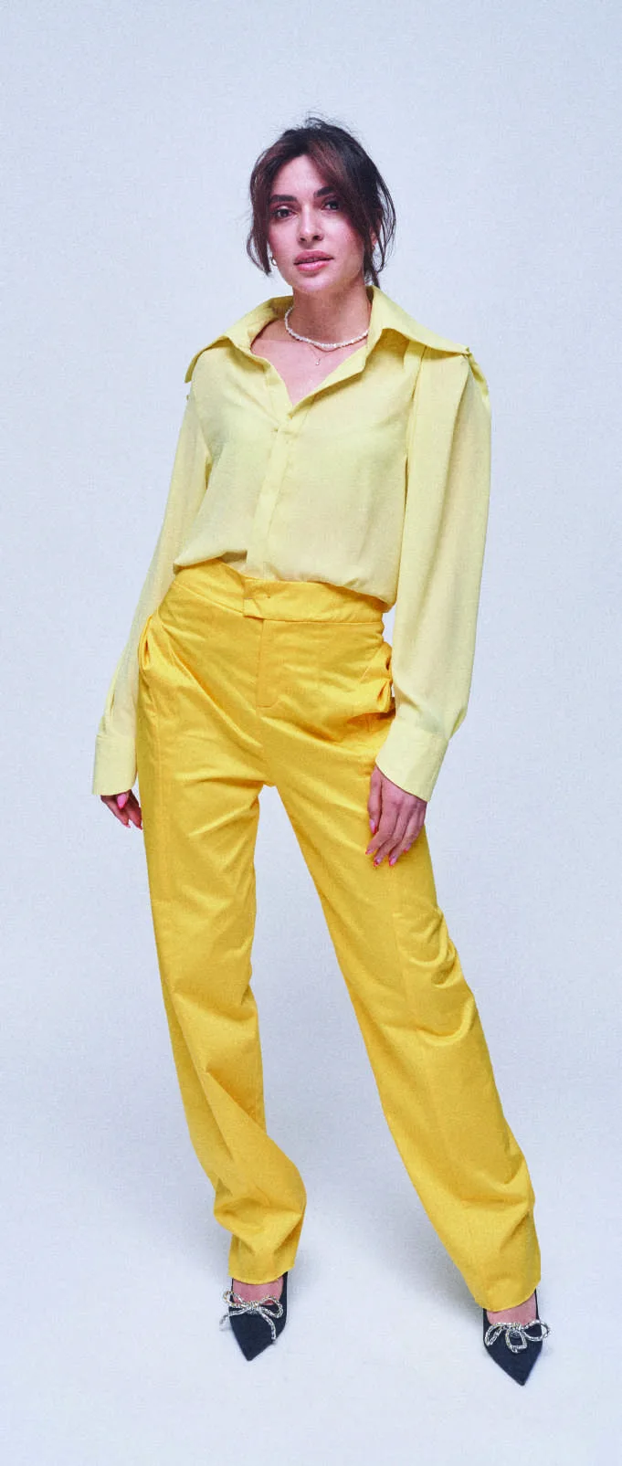 Tailored mustard yellow shirt and trousers